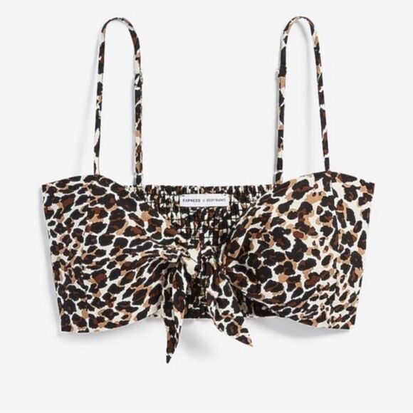 EXPRESS X ROCKY BARNES | Linen Blend Leopard Bow Front Crop Top Women’s Size S - Picture 2 of 11